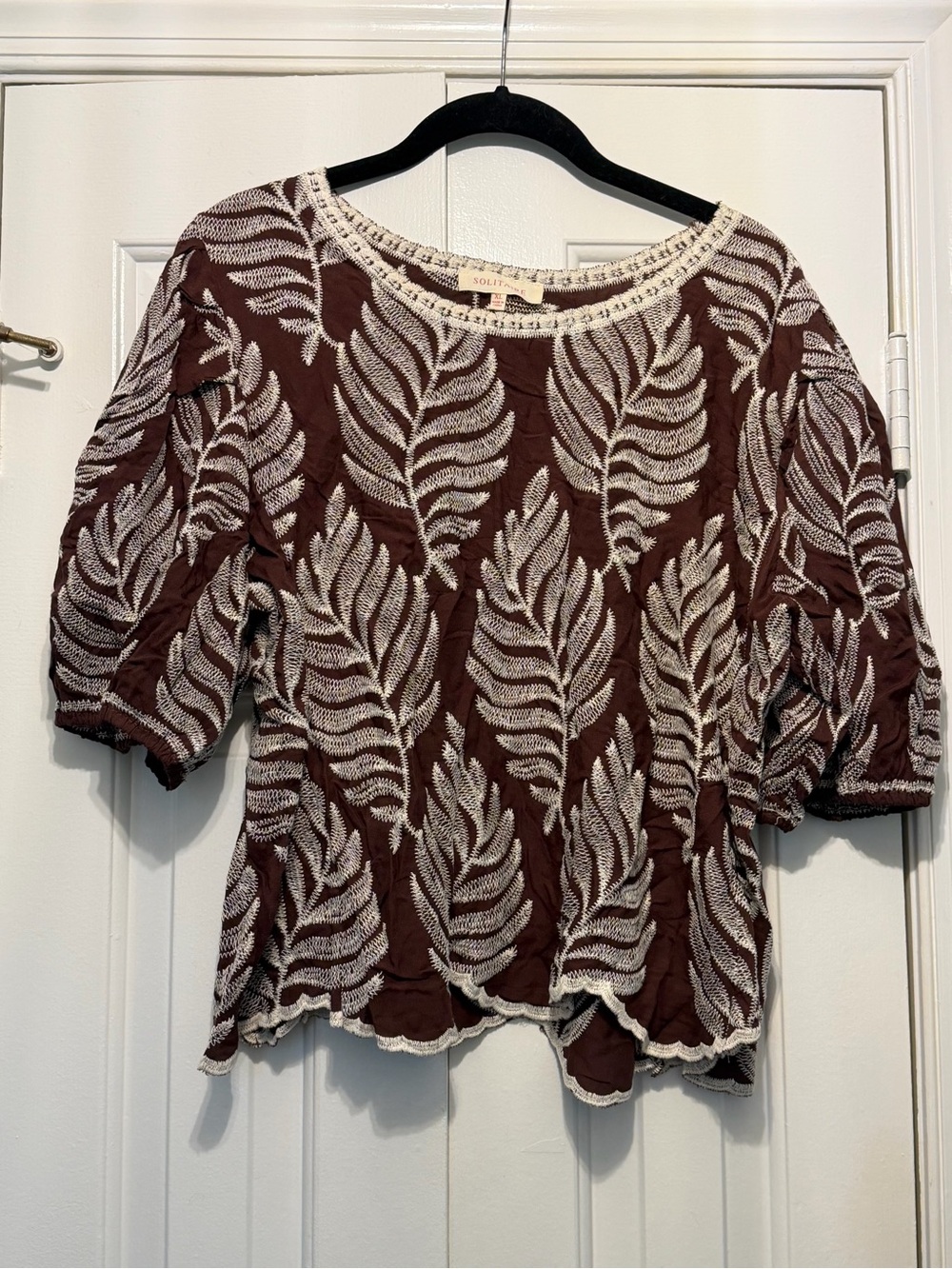 Solitaire Brown Top with Cream Leaf Embroidery